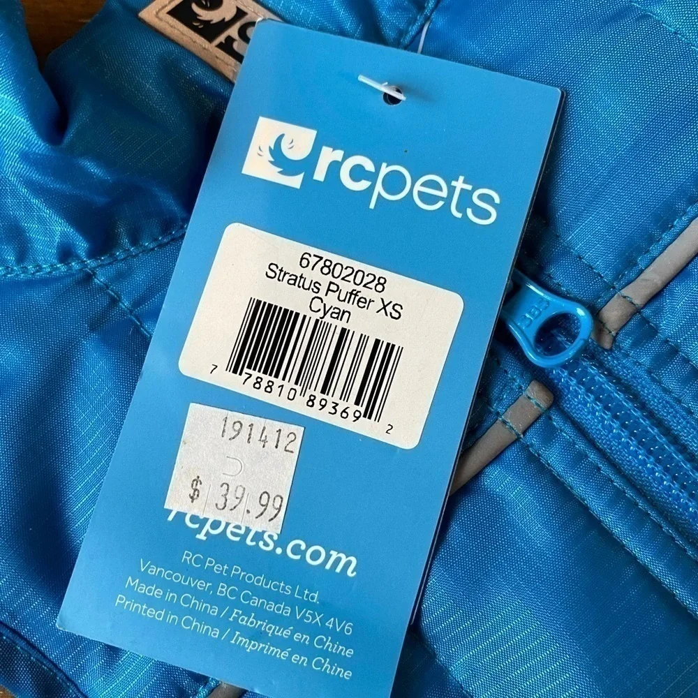 RCPETS Status Dog Puffer Jacket CYAN Blue Size XS NWT